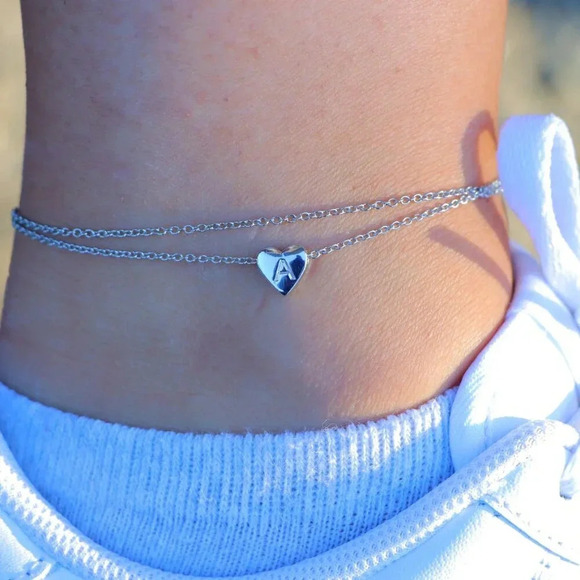 SILVER INITIAL ANKLET ❤️HEART CHARM PERSONALIZED ALPHABET DAINTY, ELDM22336 - Picture 5 of 12